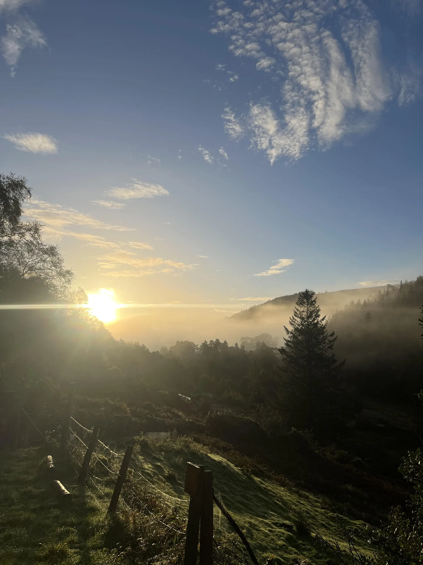 Irish sunrise over misty hills and forests